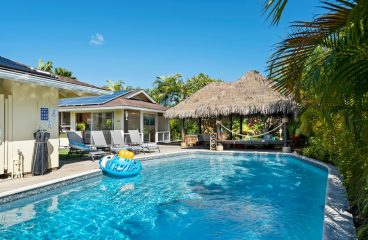 A serene tropical getaway featuring a swimming pool surrounded by lush greenery and thatched shade.